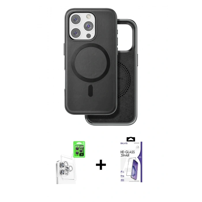 MARSİLYAN™- iPhone 16 Pro Max Kılıf Pusula Işık Koleksiyonu - Siyah Bilvis 3X AR HD Cam Ekran Koruyucu + Raze Metal Kamera Lens - BZ