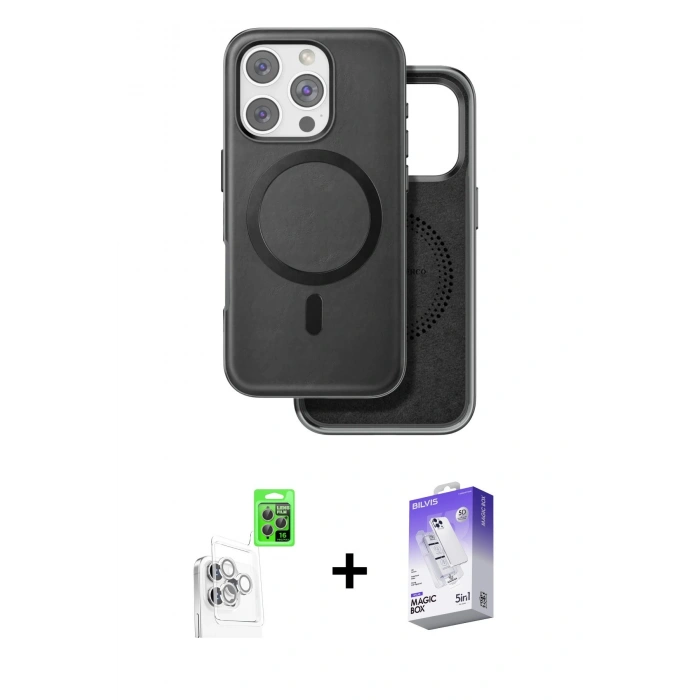 MARSİLYAN™- iPhone 16 Pro Max Kılıf Pusula Işık Koleksiyonu - Siyah Bilvis 5in1 3D Magic Cam Ekran Koruyucu + Raze Metal Kamera Lens - BZ