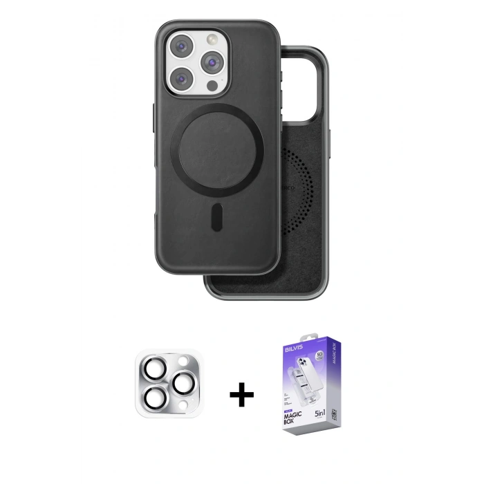 MARSİLYAN™- iPhone 16 Pro Max Kılıf Pusula Işık Koleksiyonu - Siyah Bilvis 5in1 3D Magic Cam Ekran Koruyucu + Pers Alüminyum Kamera Lens - GS