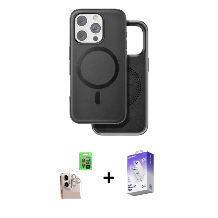 MARSİLYAN™- iPhone 16 Pro Max Kılıf Pusula Işık Koleksiyonu - Siyah Bilvis 5in1 3D Magic Cam Ekran Koruyucu + Raze Metal Kamera Lens - NLGY