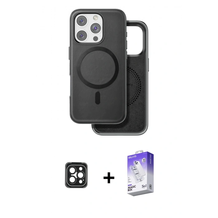 MARSİLYAN™- iPhone 16 Pro Max Kılıf Pusula Işık Koleksiyonu - Siyah Bilvis 5in1 3D Magic Cam Ekran Koruyucu + PVD Metal Kamera Lens - SH