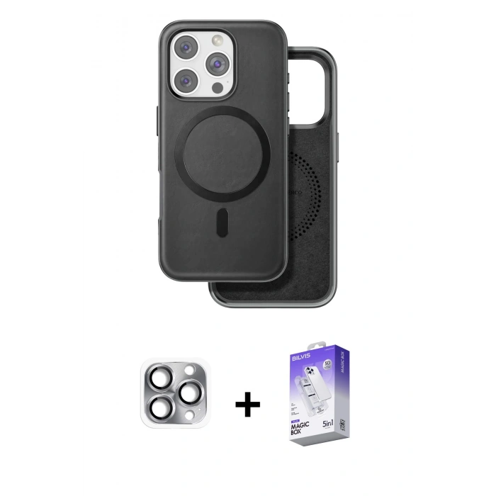 MARSİLYAN™- iPhone 16 Pro Max Kılıf Pusula Işık Koleksiyonu - Siyah Bilvis 5in1 3D Magic Cam Ekran Koruyucu + Pers Alüminyum Kamera Lens - GI