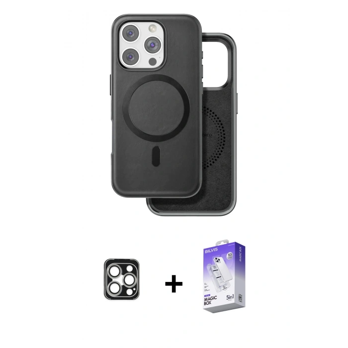 MARSİLYAN™- iPhone 16 Pro Max Kılıf Pusula Işık Koleksiyonu - Siyah Bilvis 5in1 3D Magic Cam Ekran Koruyucu + PVD Metal Kamera Lens - GS