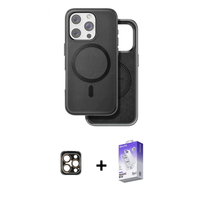 MARSİLYAN™- iPhone 16 Pro Max Kılıf Pusula Işık Koleksiyonu - Siyah Bilvis 5in1 3D Magic Cam Ekran Koruyucu + PVD Metal Kamera Lens - GD