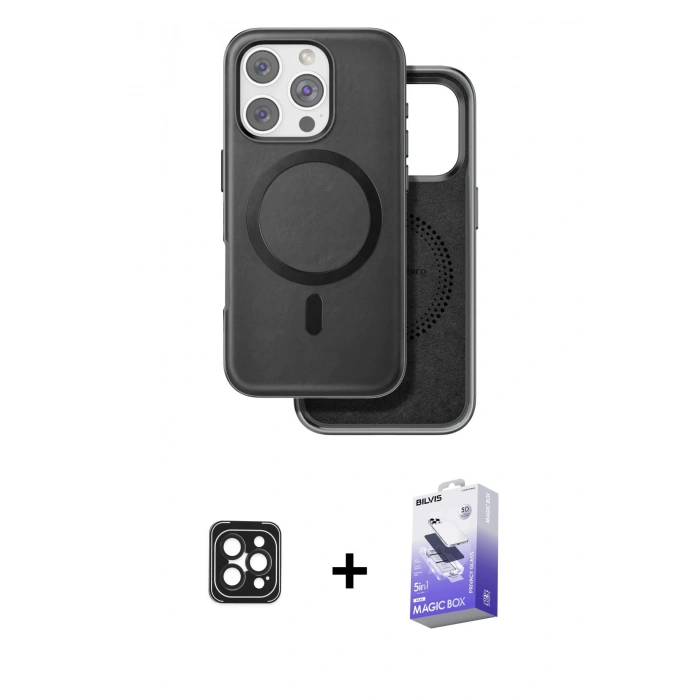MARSİLYAN™- iPhone 16 Pro Max Kılıf Pusula Işık Koleksiyonu - Siyah Bilvis 5in1 5D Magic Hayalet Cam Ekran Koruyucu + PVD Metal Kamera Lens - SH