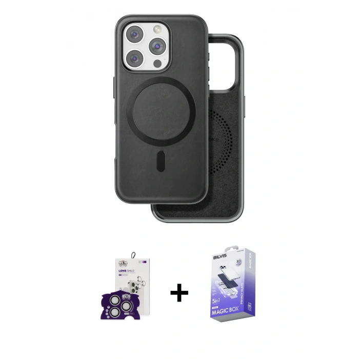 MARSİLYAN™- iPhone 16 Pro Max Kılıf Pusula Işık Koleksiyonu - Siyah Bilvis 5in1 5D Magic Hayalet Cam Ekran Koruyucu + Bilvis Titan Kamera Lens - GS