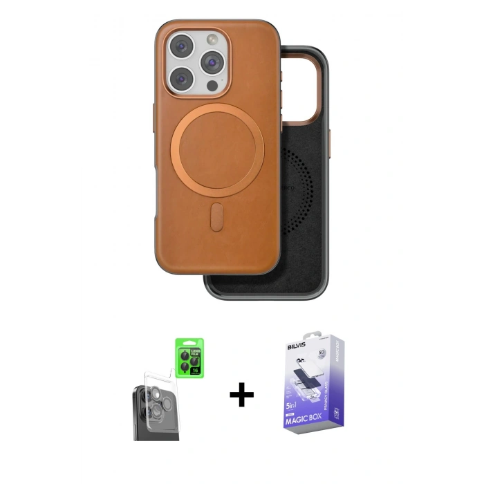 MARSİLYAN™- iPhone 16 Pro Max Kılıf Pusula Işık Koleksiyonu - Siyah Bilvis 5in1 5D Magic Hayalet Cam Ekran Koruyucu + Siyah Raze Metal Kamera Lens