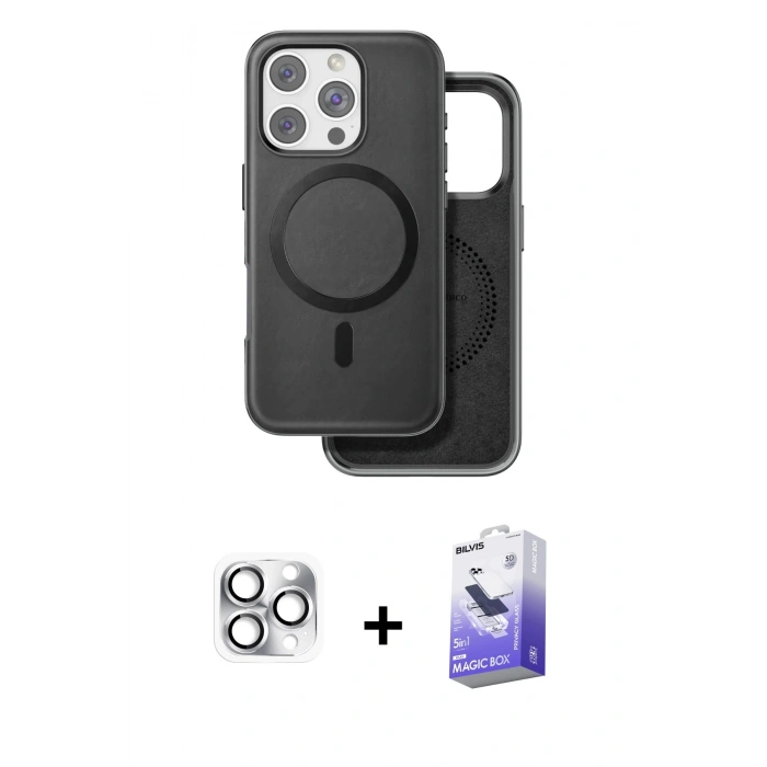 MARSİLYAN™- iPhone 16 Pro Max Kılıf Pusula Işık Koleksiyonu - Siyah Bilvis 5in1 5D Magic Hayalet Cam Ekran Koruyucu + Gümüş Pers Alüminyum Kamera Lens