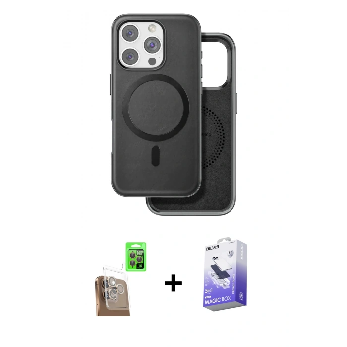 MARSİLYAN™- iPhone 16 Pro Max Kılıf Pusula Işık Koleksiyonu - Siyah Bilvis 5in1 5D Magic Hayalet Cam Ekran Koruyucu + Raze Metal Kamera Lens - CLTM