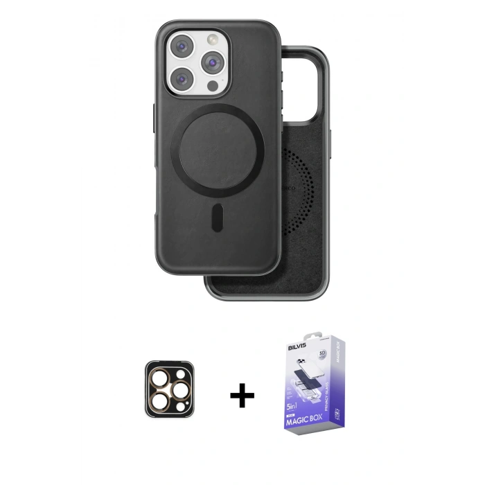 MARSİLYAN™- iPhone 16 Pro Max Kılıf Pusula Işık Koleksiyonu - Siyah Bilvis 5in1 5D Magic Hayalet Cam Ekran Koruyucu + PVD Metal Kamera Lens - GD