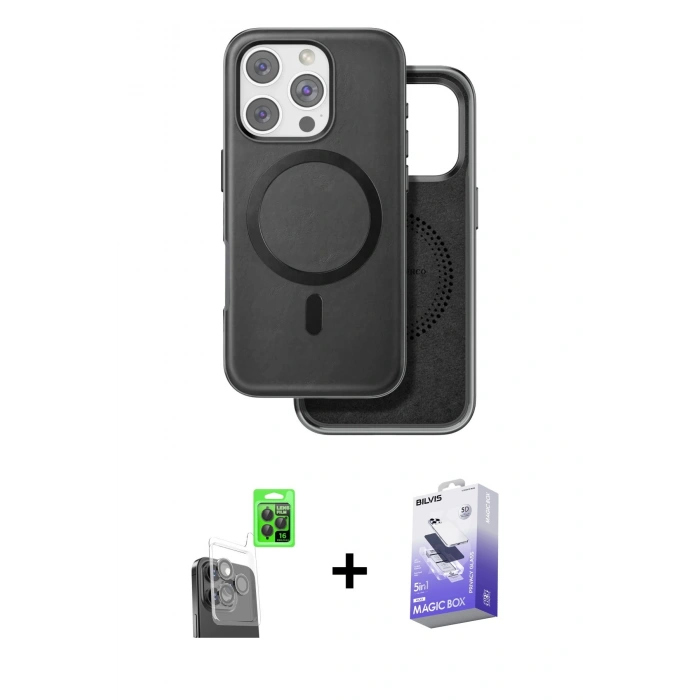 MARSİLYAN™- iPhone 16 Pro Max Kılıf Pusula Işık Koleksiyonu - Siyah Bilvis 5in1 5D Magic Hayalet Cam Ekran Koruyucu + Siyah Raze Metal Kamera Lens