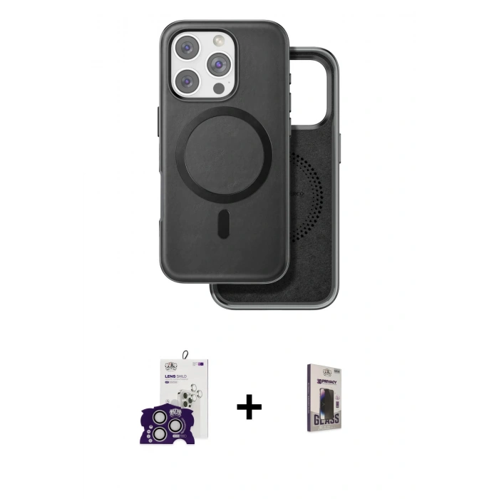 MARSİLYAN™- iPhone 16 Pro Max Kılıf Pusula Işık Koleksiyonu - Siyah Bilvis Hayalet Cam Ekran Koruyucu + Bilvis Titan Kamera Lens - GS