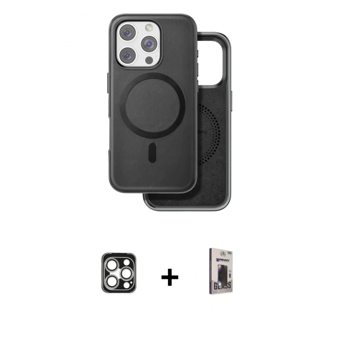 MARSİLYAN™- iPhone 16 Pro Max Kılıf Pusula Işık Koleksiyonu - Siyah Bilvis Hayalet Cam Ekran Koruyucu + PVD Metal Kamera Lens - GS