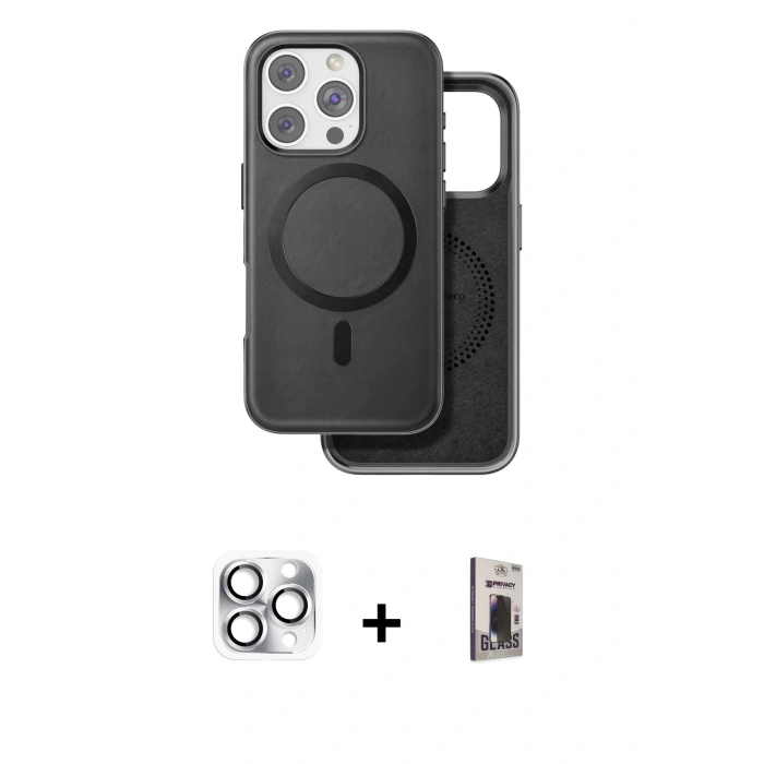 MARSİLYAN™- iPhone 16 Pro Max Kılıf Pusula Işık Koleksiyonu - Siyah Bilvis Hayalet Cam Ekran Koruyucu + Gümüş Pers Alüminyum Kamera Lens