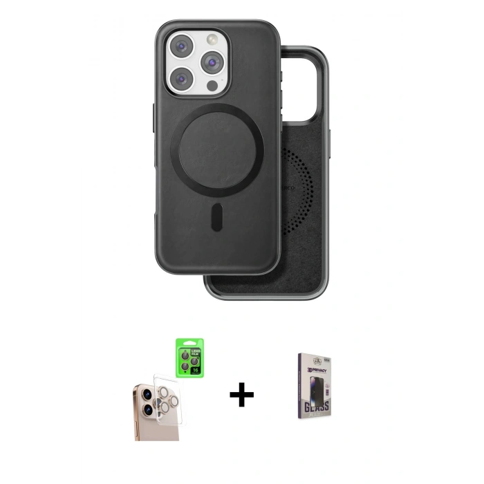 MARSİLYAN™- iPhone 16 Pro Max Kılıf Pusula Işık Koleksiyonu - Siyah Bilvis Hayalet Cam Ekran Koruyucu + Raze Metal Kamera Lens - NLGY