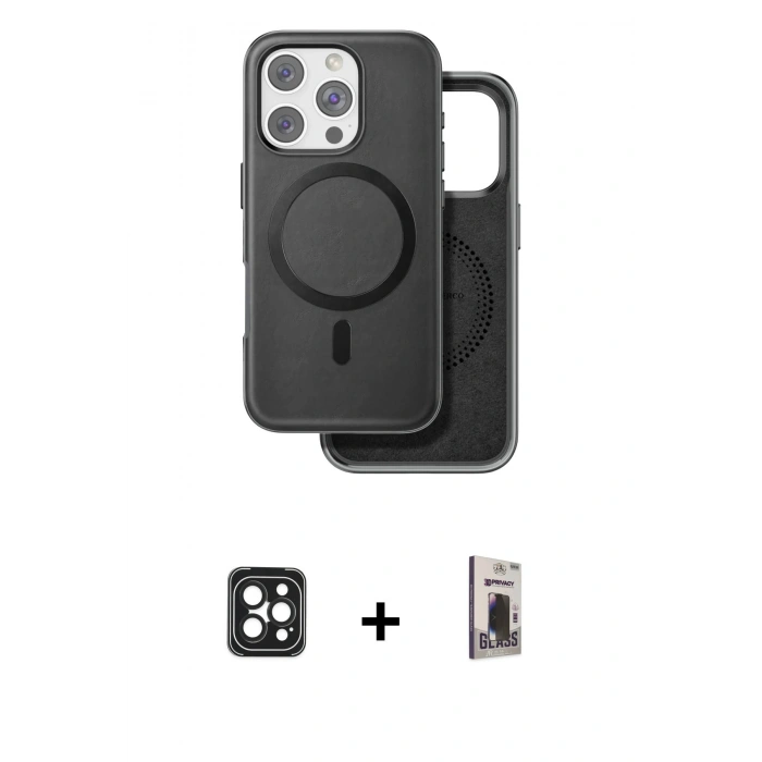 MARSİLYAN™- iPhone 16 Pro Max Kılıf Pusula Işık Koleksiyonu - Siyah Bilvis Hayalet Cam Ekran Koruyucu + PVD Metal Kamera Lens - SH