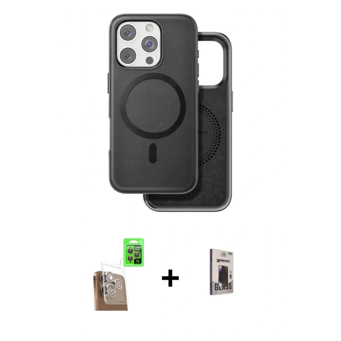 MARSİLYAN™- iPhone 16 Pro Max Kılıf Pusula Işık Koleksiyonu - Siyah Bilvis Hayalet Cam Ekran Koruyucu + Raze Metal Kamera Lens - CLTM