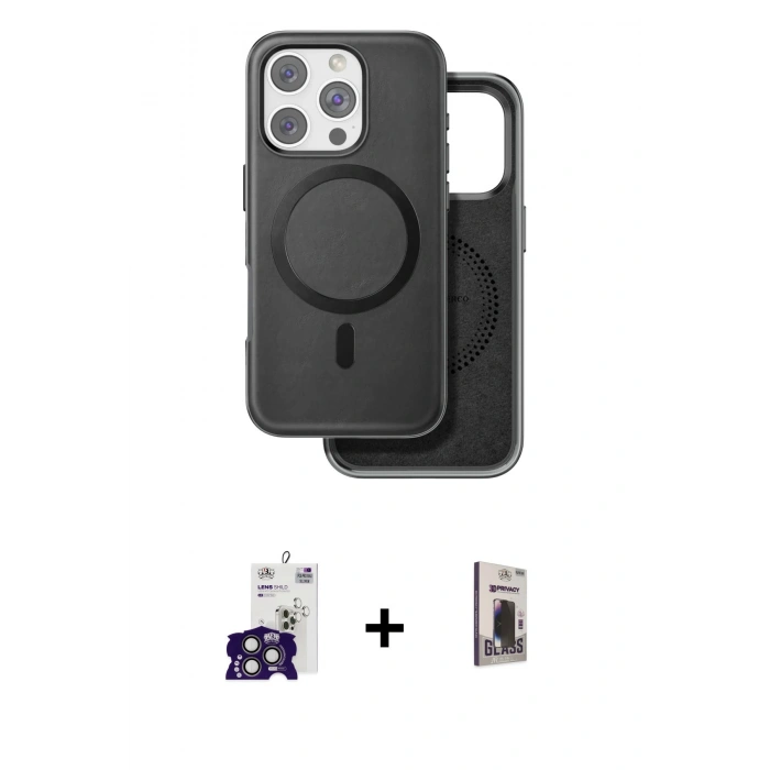 MARSİLYAN™- iPhone 16 Pro Max Kılıf Pusula Işık Koleksiyonu - Siyah Bilvis Hayalet Cam Ekran Koruyucu + Bilvis Titan Kamera Lens - TMGI