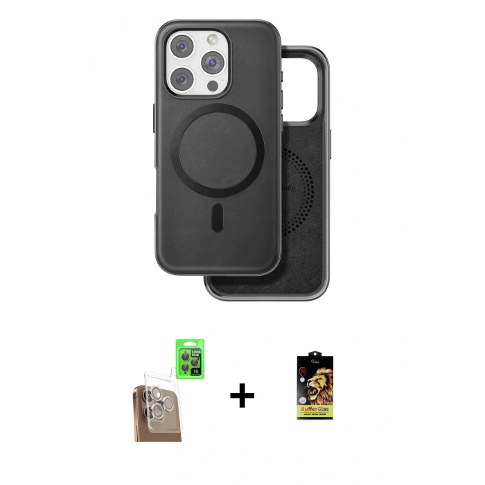 MARSİLYAN™- iPhone 16 Pro Max Kılıf Pusula Işık Koleksiyonu - Siyah Buffer Cam Ekran Koruyucu + Çöl Titanyum Raze Metal Kamera Lens