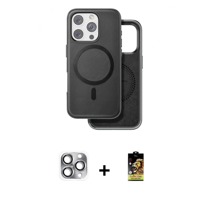 MARSİLYAN™- iPhone 16 Pro Max Kılıf Pusula Işık Koleksiyonu - Siyah Buffer Cam Ekran Koruyucu + Pers Alüminyum Kamera Lens - GI
