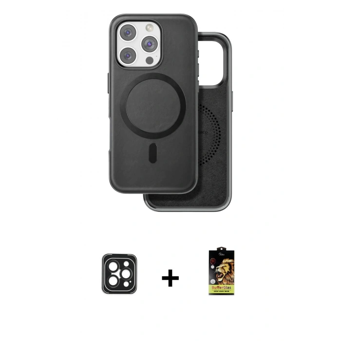 MARSİLYAN™- iPhone 16 Pro Max Kılıf Pusula Işık Koleksiyonu - Siyah Buffer Cam Ekran Koruyucu + PVD Metal Kamera Lens - SH