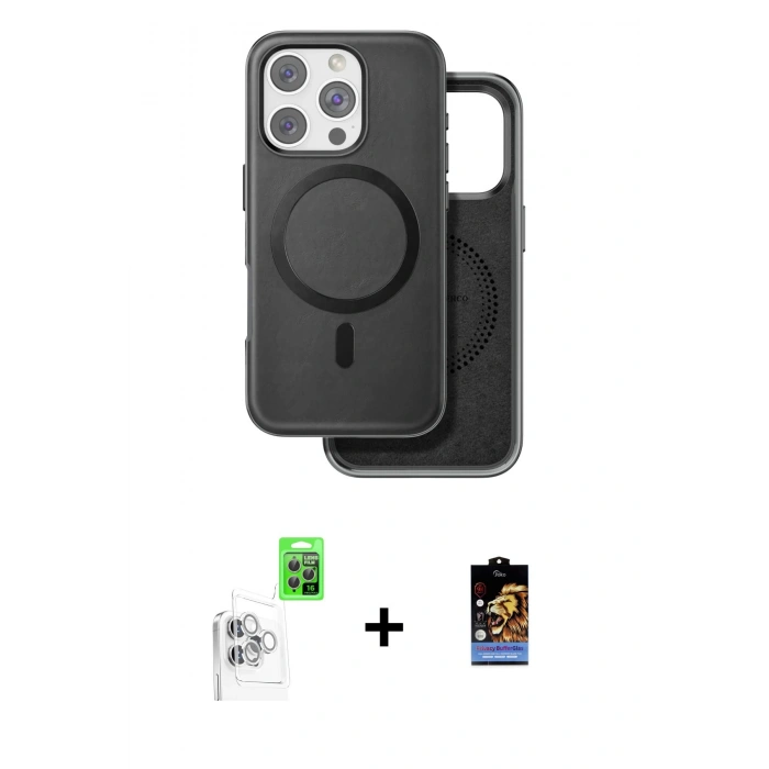 MARSİLYAN™- iPhone 16 Pro Max Kılıf Pusula Işık Koleksiyonu - Siyah Buffer Hayalet Cam Ekran Koruyucu + Raze Metal Kamera Lens - BZ