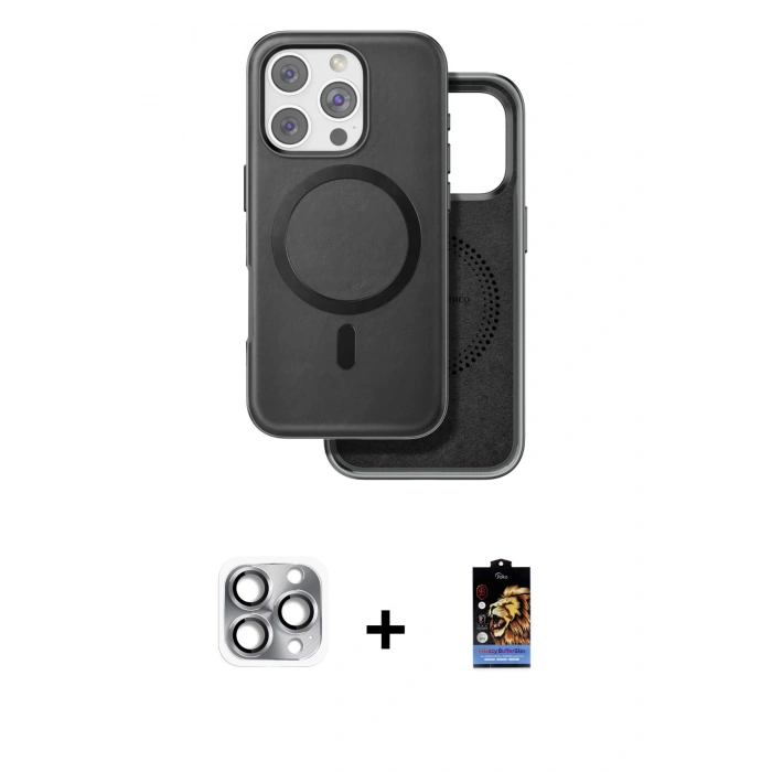 MARSİLYAN™- iPhone 16 Pro Max Kılıf Pusula Işık Koleksiyonu - Siyah Buffer Hayalet Cam Ekran Koruyucu + Pers Alüminyum Kamera Lens - GI