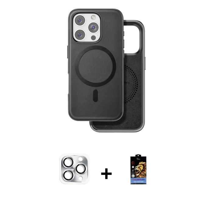 MARSİLYAN™- iPhone 16 Pro Max Kılıf Pusula Işık Koleksiyonu - Siyah Buffer Hayalet Cam Ekran Koruyucu + Gümüş Pers Alüminyum Kamera Lens