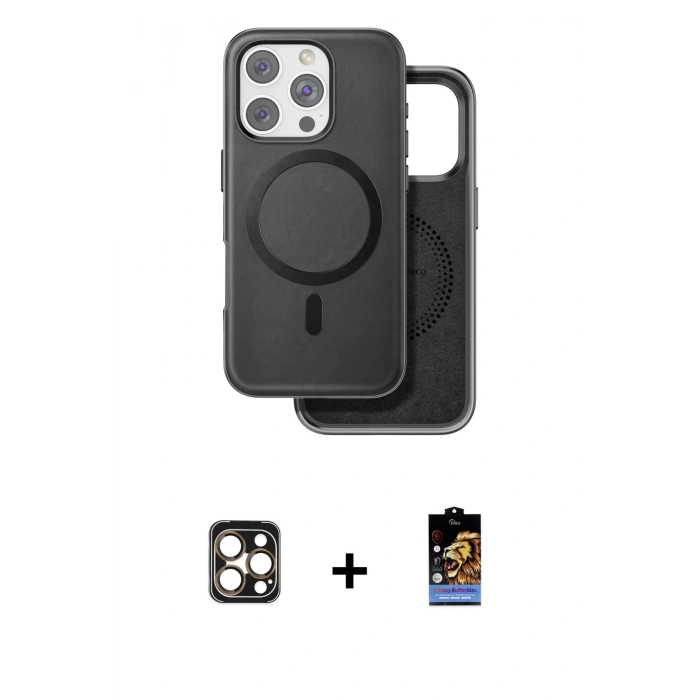 MARSİLYAN™- iPhone 16 Pro Max Kılıf Pusula Işık Koleksiyonu - Siyah Buffer Hayalet Cam Ekran Koruyucu + PVD Metal Kamera Lens - GD