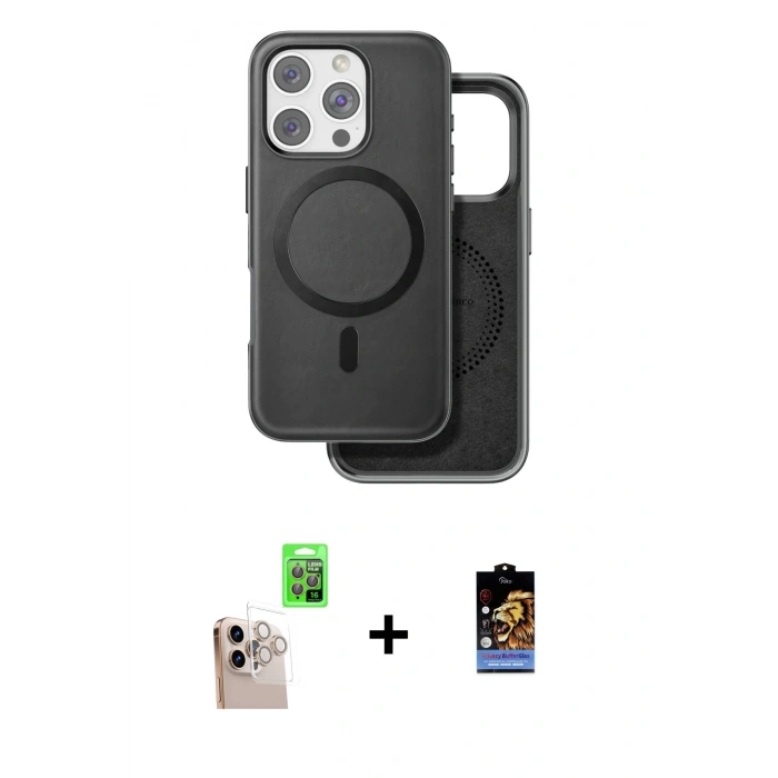 MARSİLYAN™- iPhone 16 Pro Max Kılıf Pusula Işık Koleksiyonu - Siyah Buffer Hayalet Cam Ekran Koruyucu + Raze Metal Kamera Lens - NLGY