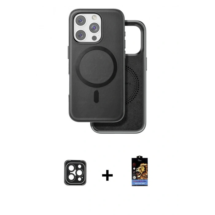 MARSİLYAN™- iPhone 16 Pro Max Kılıf Pusula Işık Koleksiyonu - Siyah Buffer Hayalet Cam Ekran Koruyucu + Siyah PVD Metal Kamera Lens