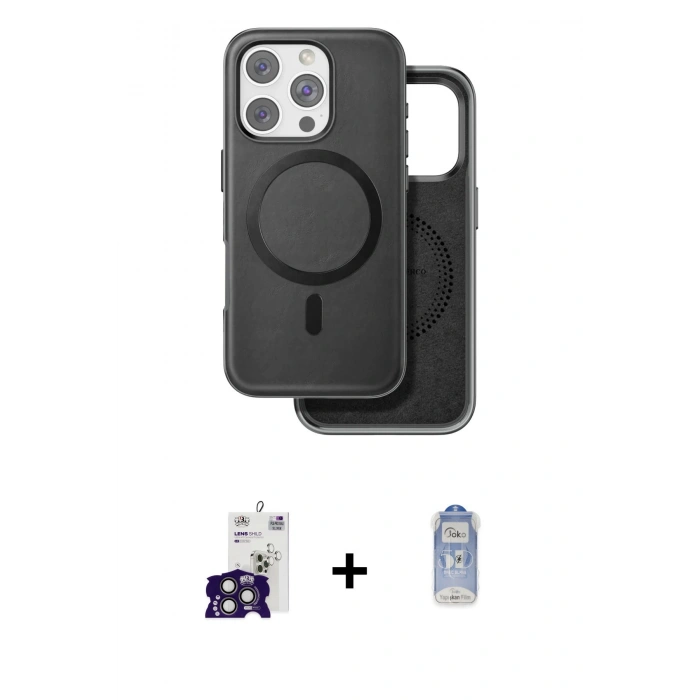 MARSİLYAN™- iPhone 16 Pro Max Kılıf Pusula Işık Koleksiyonu - Siyah Joko Magic 5D Cam + Titanyum Gri Bilvis Titan Kamera Lens