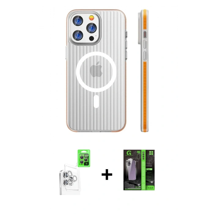 MARSİLYAN™- iPhone 16 Pro Max Kılıf Pusula Minimal Koleksiyonu - Şeffaf 360 Full Body Arka Koruyucu + Beyaz Raze Metal Kamera Lens