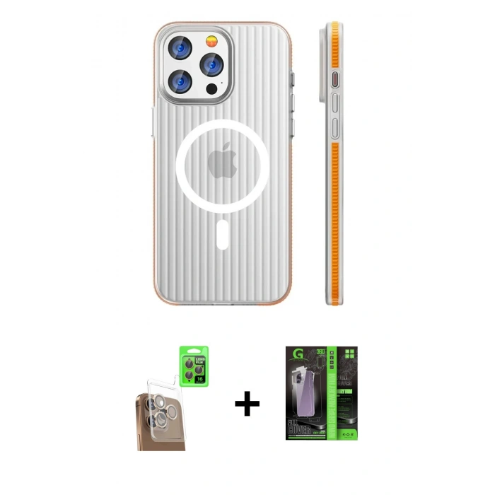 MARSİLYAN™- iPhone 16 Pro Max Kılıf Pusula Minimal Koleksiyonu - Şeffaf 360 Full Body Arka Koruyucu + Raze Metal Kamera Lens - CLTM
