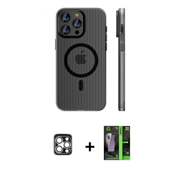 MARSİLYAN™- iPhone 16 Pro Max Kılıf Pusula Minimal Koleksiyonu - Şeffaf 360 Full Body Arka Koruyucu + Gümüş PVD Metal Kamera Lens