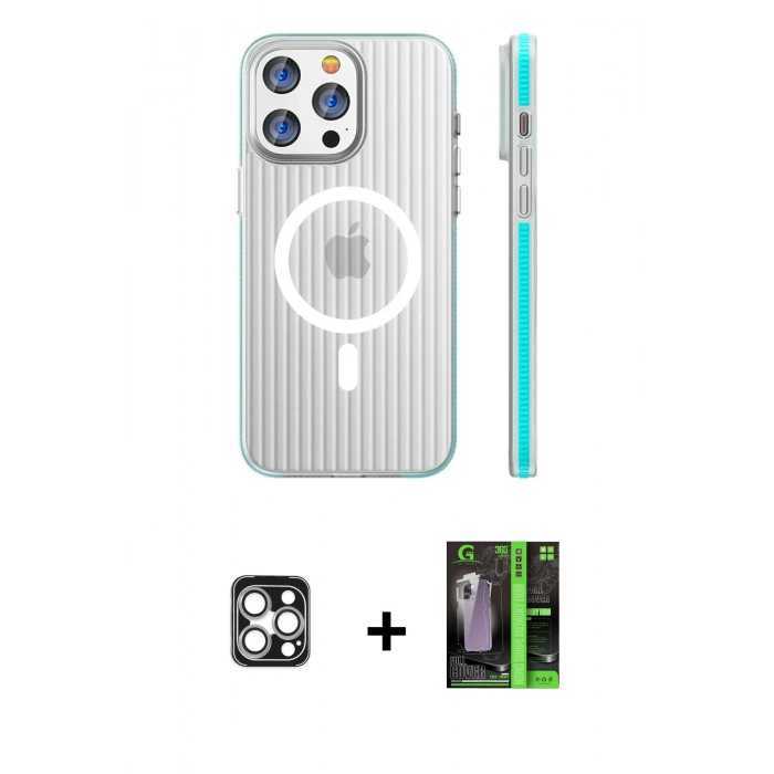 MARSİLYAN™- iPhone 16 Pro Max Kılıf Pusula Minimal Koleksiyonu - Şeffaf 360 Full Body Arka Koruyucu + Gümüş PVD Metal Kamera Lens