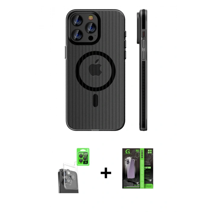 MARSİLYAN™- iPhone 16 Pro Max Kılıf Pusula Minimal Koleksiyonu - Şeffaf 360 Full Body Arka Koruyucu + Raze Metal Kamera Lens - SH