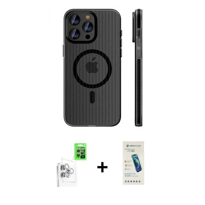 MARSİLYAN™- iPhone 16 Pro Max Kılıf Pusula Minimal Koleksiyonu - Şeffaf Pasifik Cam Ekran Koruyucu + Beyaz Raze Metal Kamera Lens