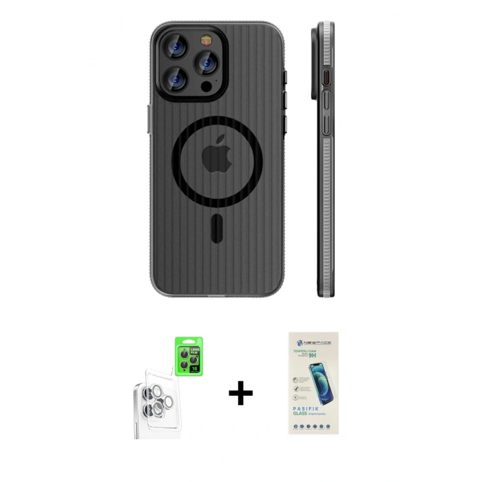 MARSİLYAN™- iPhone 16 Pro Max Kılıf Pusula Minimal Koleksiyonu - Şeffaf Pasifik Cam Ekran Koruyucu + Beyaz Raze Metal Kamera Lens
