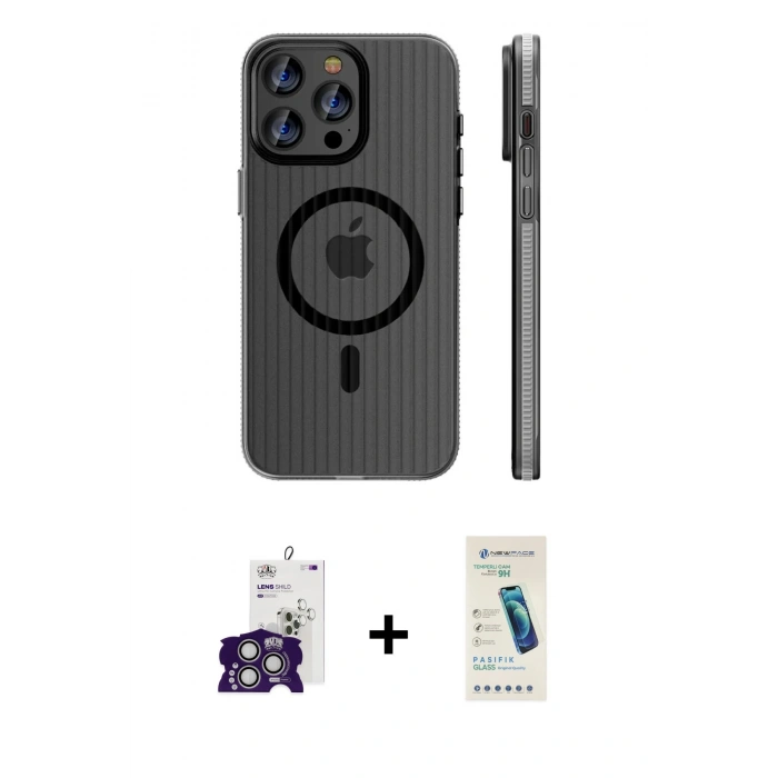 MARSİLYAN™- iPhone 16 Pro Max Kılıf Pusula Minimal Koleksiyonu - Şeffaf Pasifik Cam Ekran Koruyucu + Bilvis Titan Kamera Lens - GS