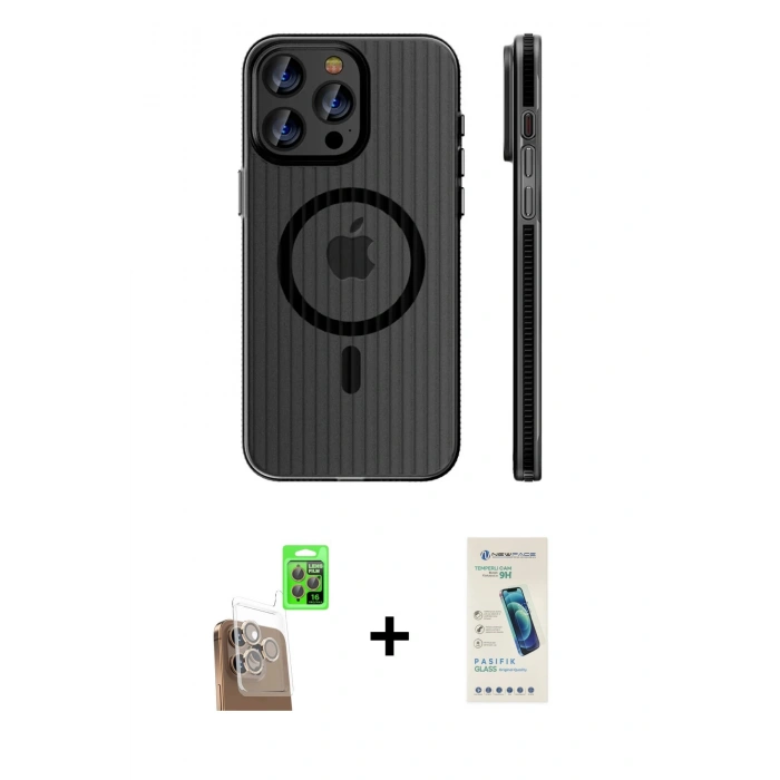 MARSİLYAN™- iPhone 16 Pro Max Kılıf Pusula Minimal Koleksiyonu - Şeffaf Pasifik Cam Ekran Koruyucu + Raze Metal Kamera Lens - CLTM