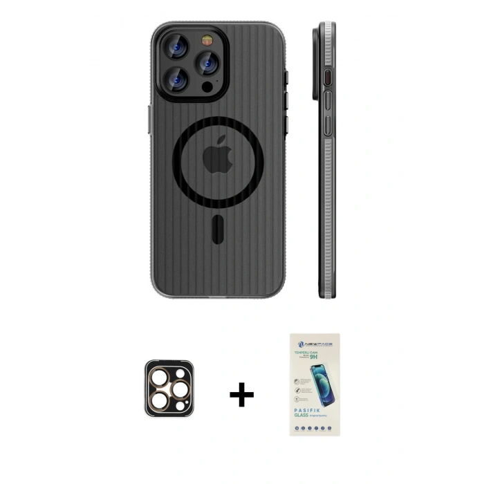 MARSİLYAN™- iPhone 16 Pro Max Kılıf Pusula Minimal Koleksiyonu - Şeffaf Pasifik Cam Ekran Koruyucu + PVD Metal Kamera Lens - GD