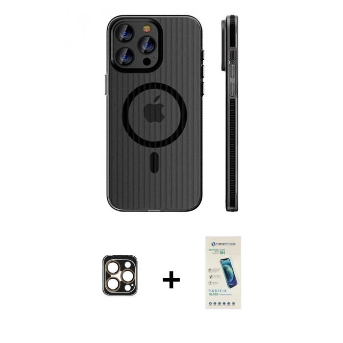 MARSİLYAN™- iPhone 16 Pro Max Kılıf Pusula Minimal Koleksiyonu - Şeffaf Pasifik Cam Ekran Koruyucu + PVD Metal Kamera Lens - GD