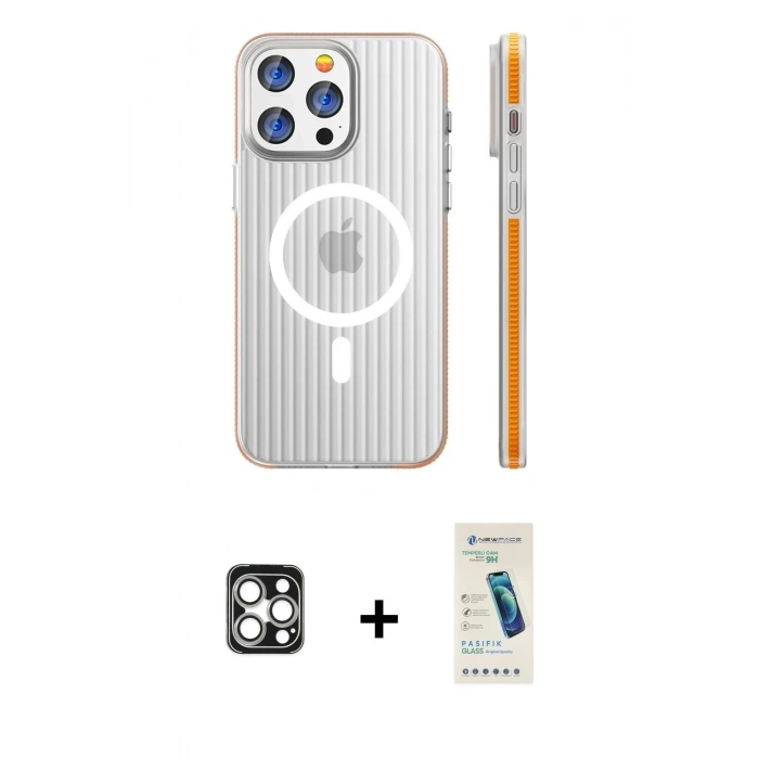 MARSİLYAN™- iPhone 16 Pro Max Kılıf Pusula Minimal Koleksiyonu - Şeffaf Pasifik Cam Ekran Koruyucu + PVD Metal Kamera Lens - GS