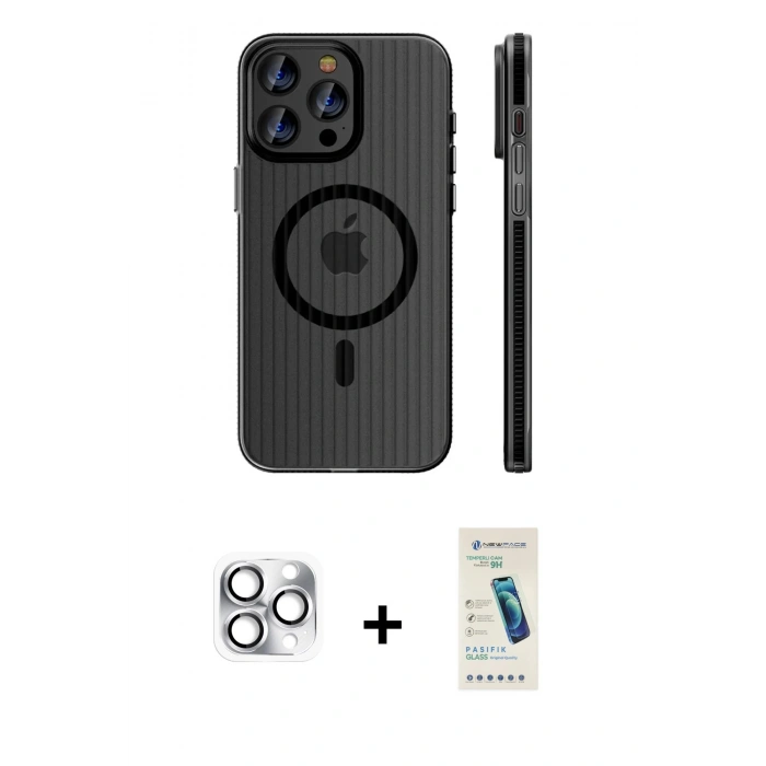MARSİLYAN™- iPhone 16 Pro Max Kılıf Pusula Minimal Koleksiyonu - Şeffaf Pasifik Cam Ekran Koruyucu + Gümüş Pers Alüminyum Kamera Lens