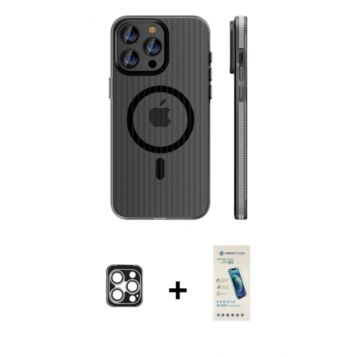 MARSİLYAN™- iPhone 16 Pro Max Kılıf Pusula Minimal Koleksiyonu - Şeffaf Pasifik Cam Ekran Koruyucu + PVD Metal Kamera Lens - GS