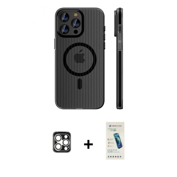 MARSİLYAN™- iPhone 16 Pro Max Kılıf Pusula Minimal Koleksiyonu - Şeffaf Pasifik Cam Ekran Koruyucu + PVD Metal Kamera Lens - GS