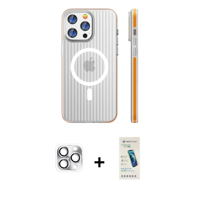 MARSİLYAN™- iPhone 16 Pro Max Kılıf Pusula Minimal Koleksiyonu - Şeffaf Pasifik Cam Ekran Koruyucu + Pers Alüminyum Kamera Lens - GS