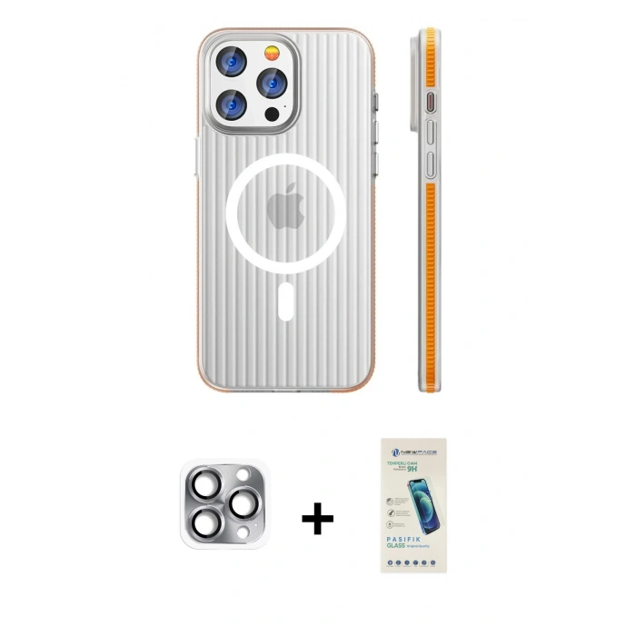 MARSİLYAN™- iPhone 16 Pro Max Kılıf Pusula Minimal Koleksiyonu - Şeffaf Pasifik Cam Ekran Koruyucu + Pers Alüminyum Kamera Lens - GI