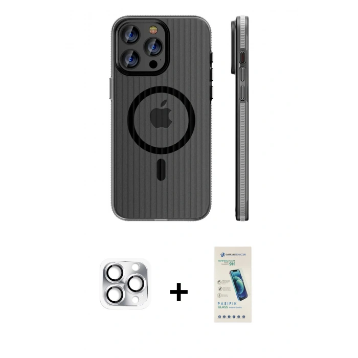 MARSİLYAN™- iPhone 16 Pro Max Kılıf Pusula Minimal Koleksiyonu - Şeffaf Pasifik Cam Ekran Koruyucu + Pers Alüminyum Kamera Lens - GS